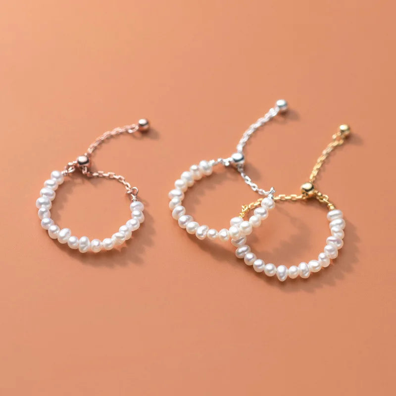 Luna Adjustable Pearl Chain Ring – S925 Sterling Silver (Gold / Silver / Rose Gold)