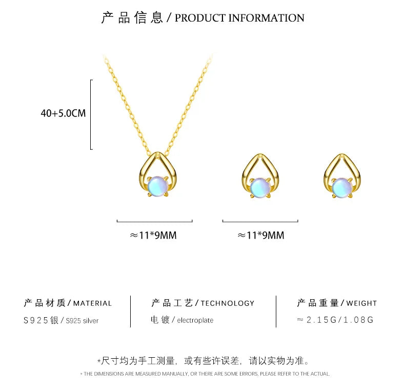 Blue Moon Gem Jewelry Set – S925 Sterling Silver Necklace & Earrings (Gold / Silver)
