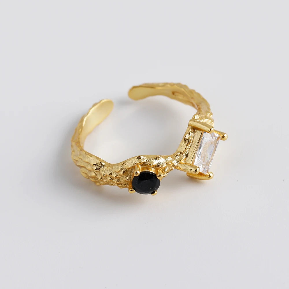 Dual Gem Textured Adjustable Ring – S925 Sterling Silver (Gold / Silver Plating)