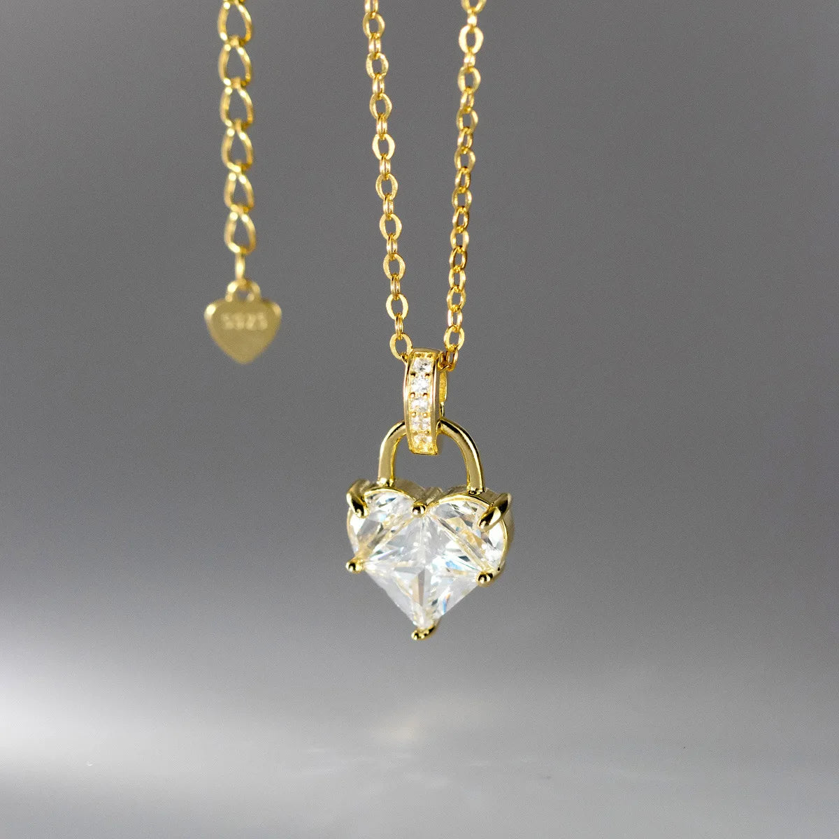Crystal Heart Lock Necklace – S925 Sterling Silver (Gold / Silver)