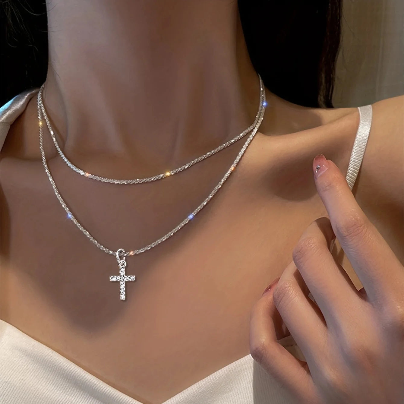 Radiant Cross Tennis Necklace – S925 Sterling Silver (Silver)