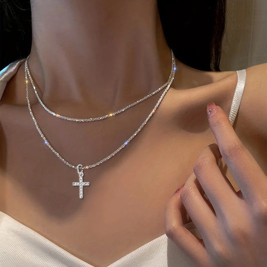 Radiant Cross Tennis Necklace – S925 Sterling Silver (Silver)