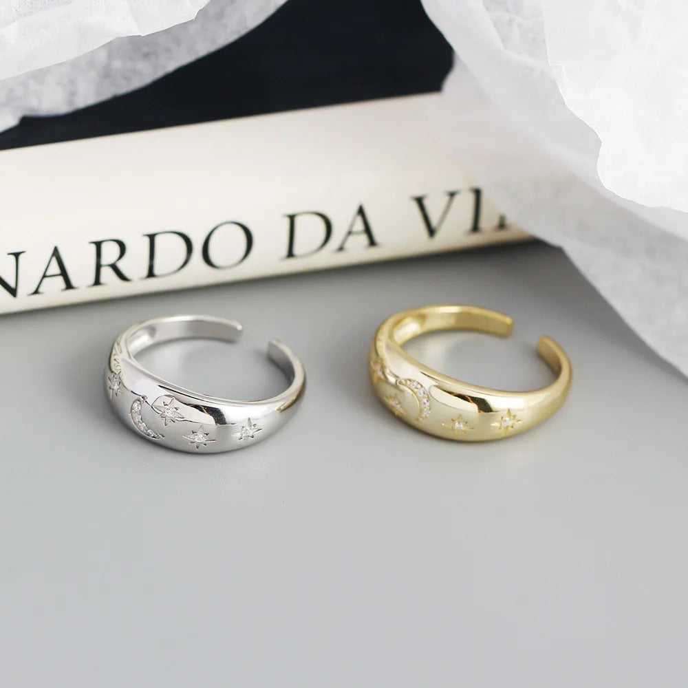 Celestial Moon & Star Dome Ring – S925 Sterling Silver (Gold / Silver Plating)