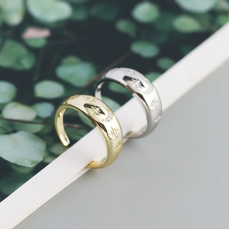 Celestial Moon & Star Dome Ring – S925 Sterling Silver (Gold / Silver Plating)