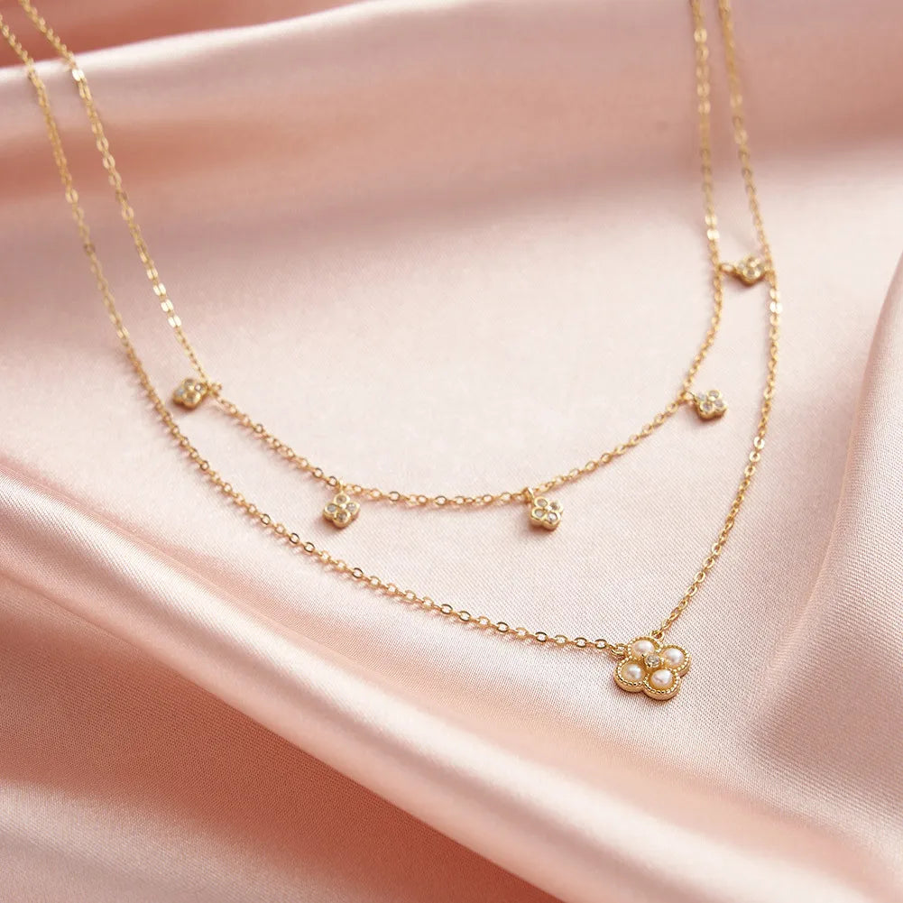 Golden Clover Pearl Jewelry Set – S925 Sterling Silver Necklace, Earrings & Ring (Gold / Silver)