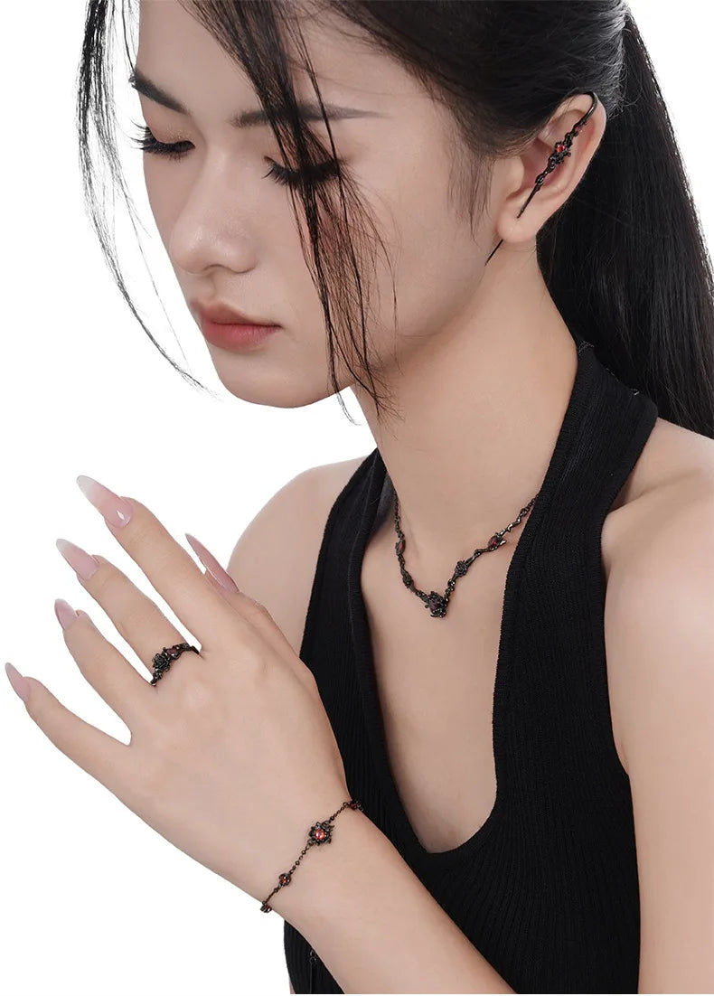 Midnight Ember Jewelry Set – Gothic Black Necklace, Bracelet, Ring & Earring (S925 Sterling Silver)