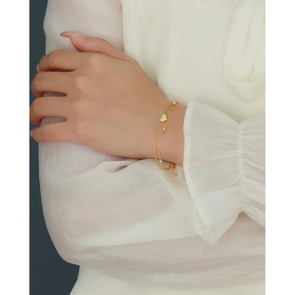Liora Double Heart Chain Bracelet – 18K Gold Plated & S925 Sterling Silver