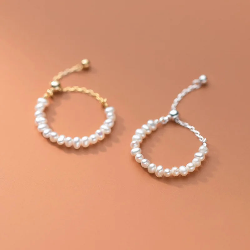 Luna Adjustable Pearl Chain Ring – S925 Sterling Silver (Gold / Silver / Rose Gold)