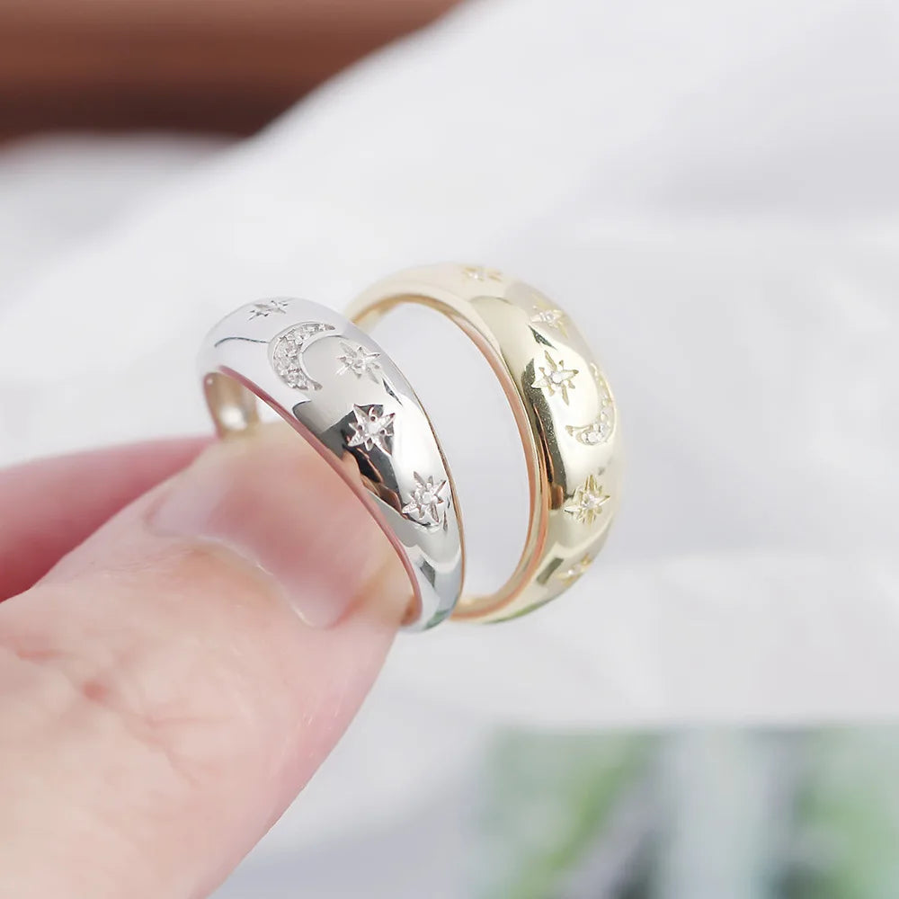 Celestial Moon & Star Dome Ring – S925 Sterling Silver (Gold / Silver Plating)