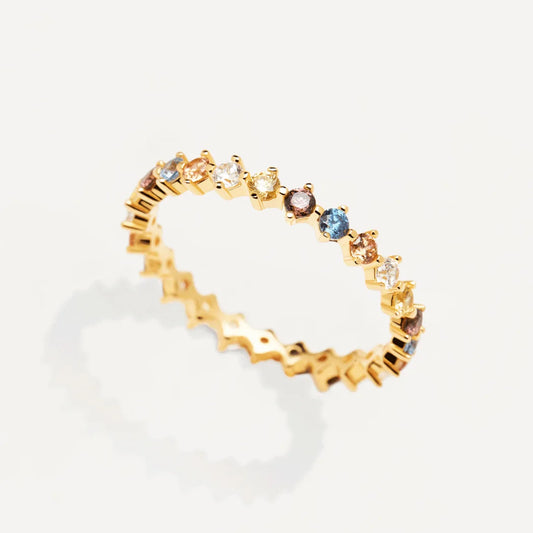 Radiant Spectrum Eternity Ring – S925 Sterling Silver with 18K Gold Plating (Sizes 5–8)