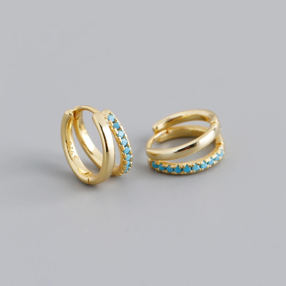 Double Row Gemstone Mini Huggie Hoops – S925 Sterling Silver (Gold / Silver Plating)