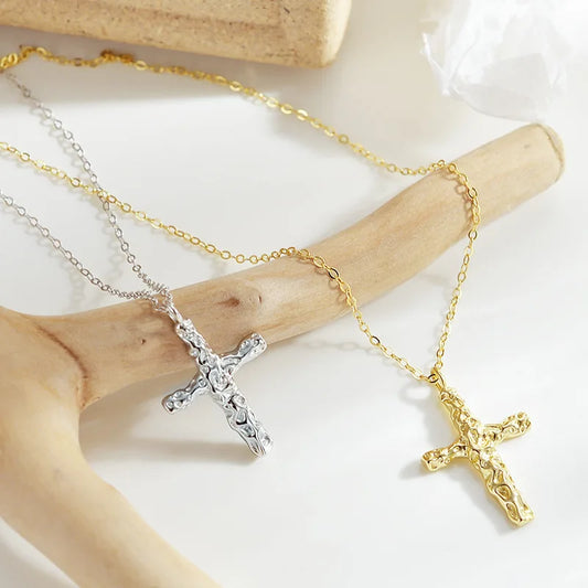 Hammered Cross Necklace – S925 Sterling Silver (Gold / Silver)