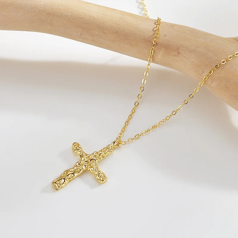 Hammered Cross Necklace – S925 Sterling Silver (Gold / Silver)