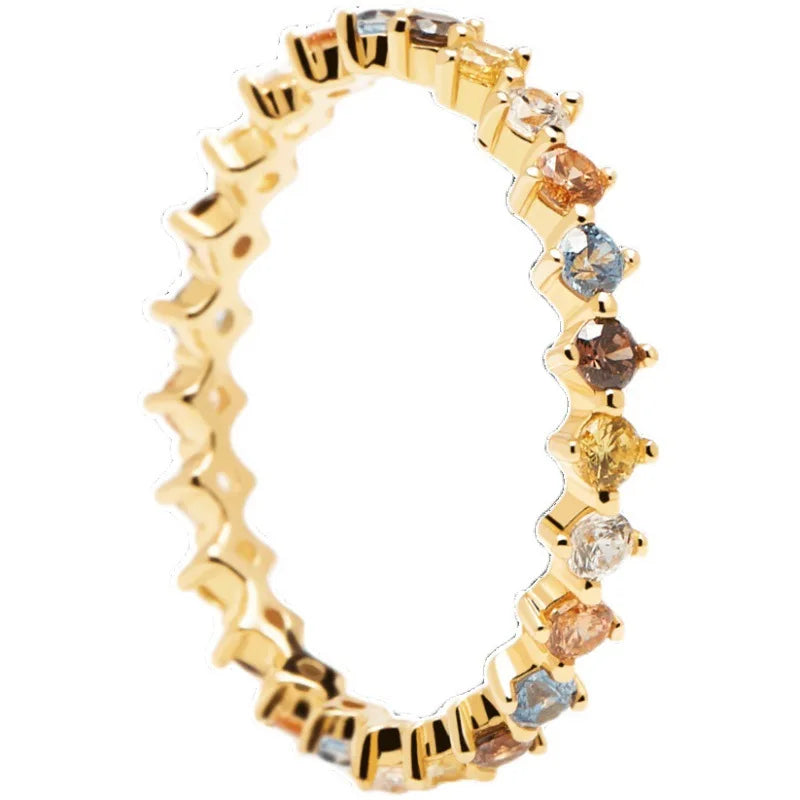 Radiant Spectrum Eternity Ring – S925 Sterling Silver with 18K Gold Plating (Sizes 5–8)