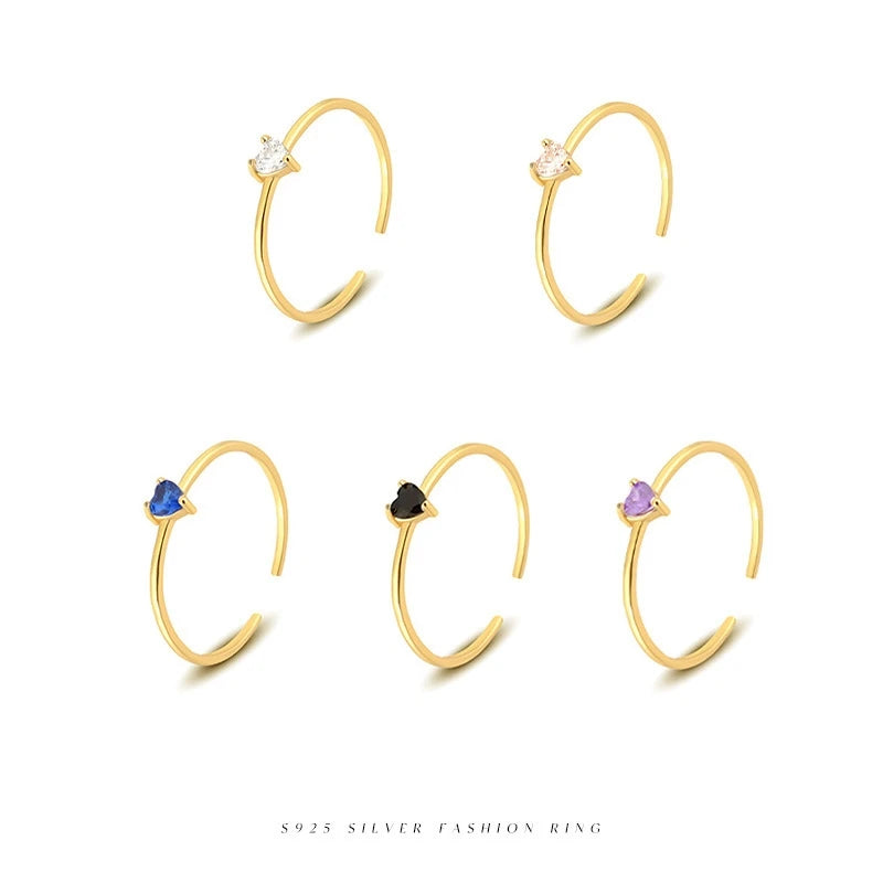 Heartstone Adjustable Ring – S925 Sterling Silver (Gold / Silver Plating, Multi-Color Stones)