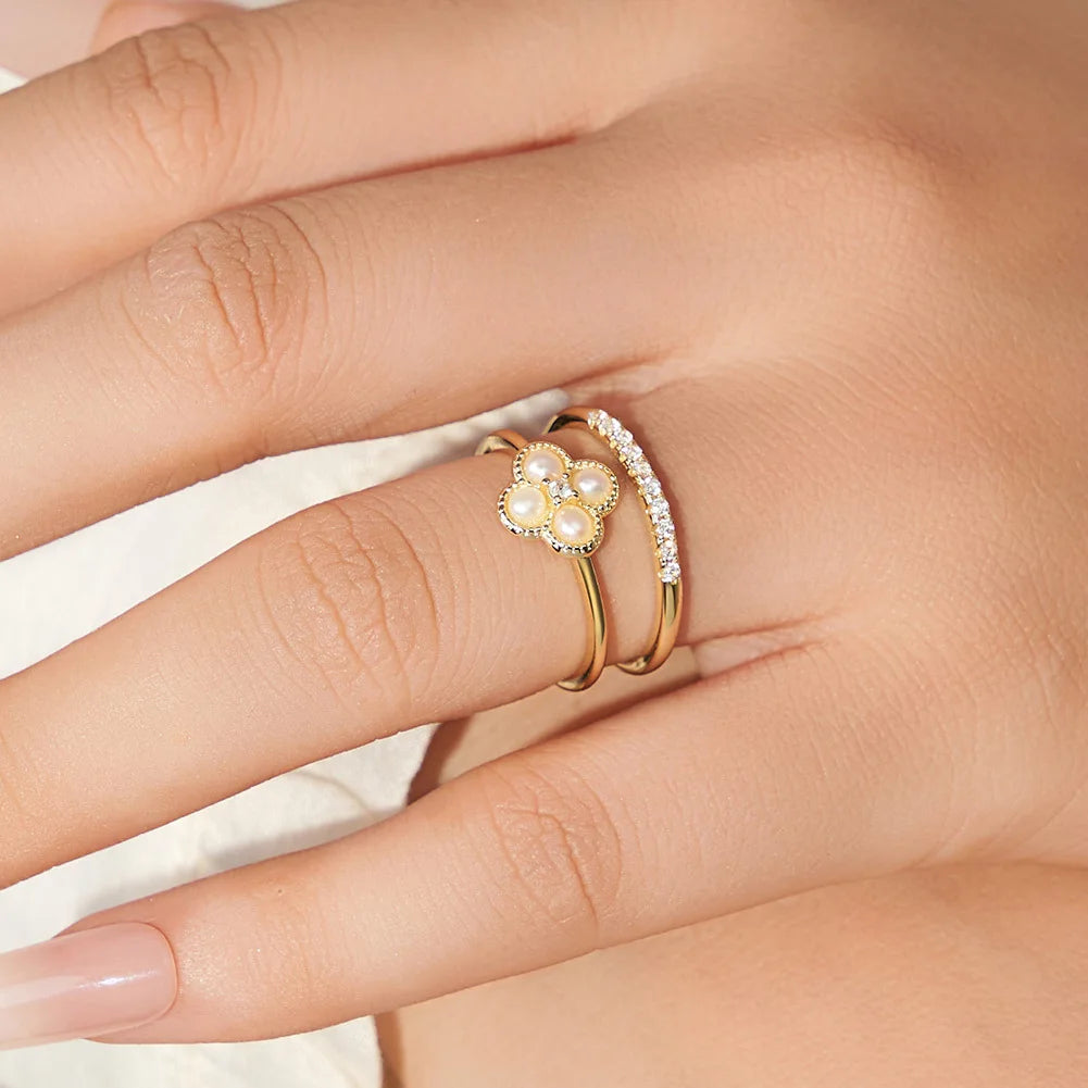 Golden Clover Pearl Jewelry Set – S925 Sterling Silver Necklace, Earrings & Ring (Gold / Silver)