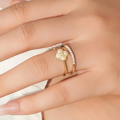 Golden Clover Pearl Jewelry Set – S925 Sterling Silver Necklace, Earrings & Ring (Gold / Silver)