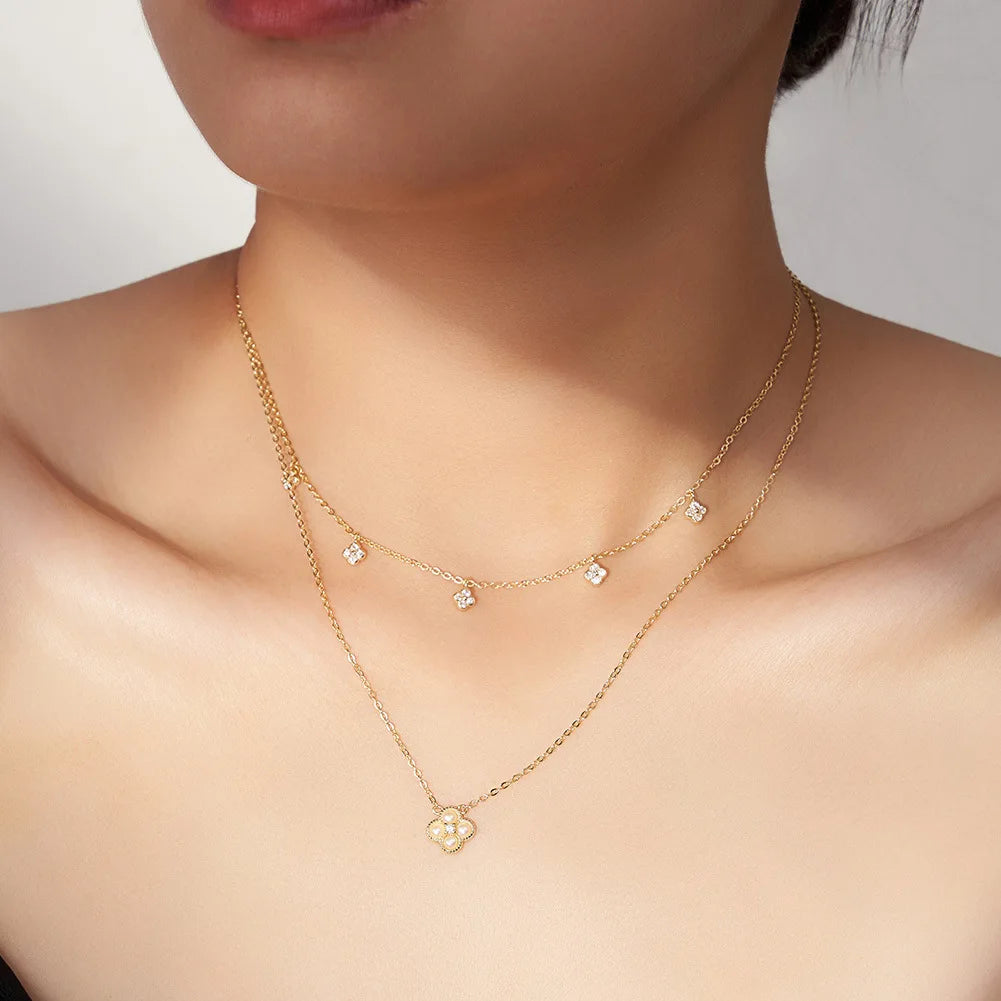 Golden Clover Pearl Jewelry Set – S925 Sterling Silver Necklace, Earrings & Ring (Gold / Silver)