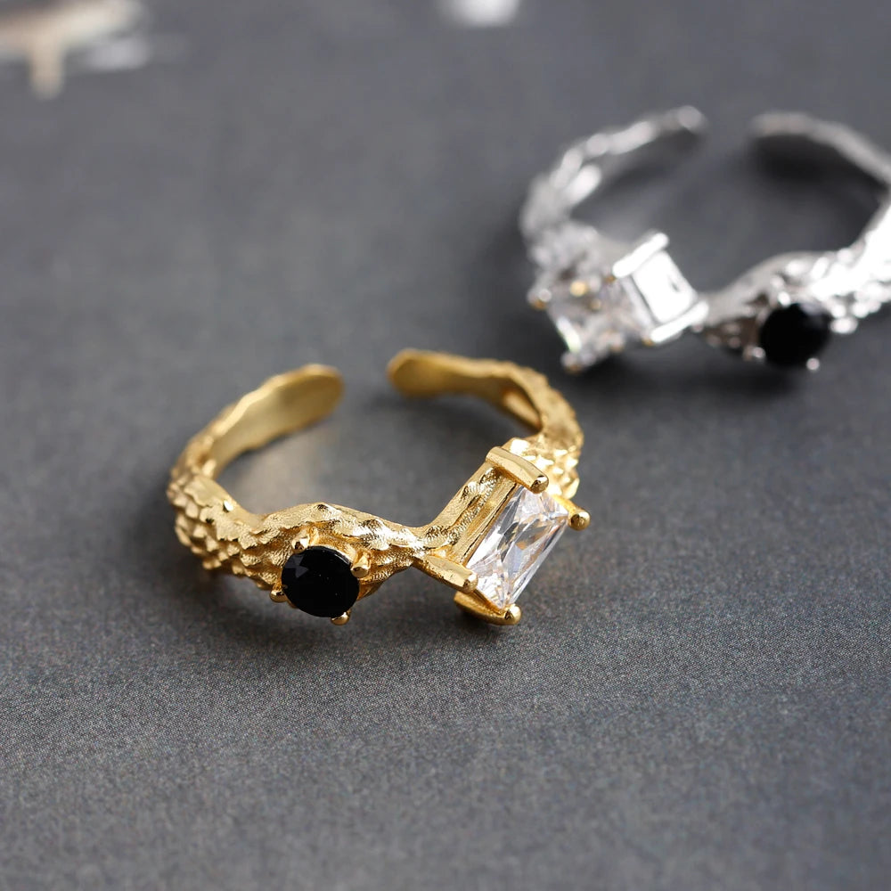Dual Gem Textured Adjustable Ring – S925 Sterling Silver (Gold / Silver Plating)