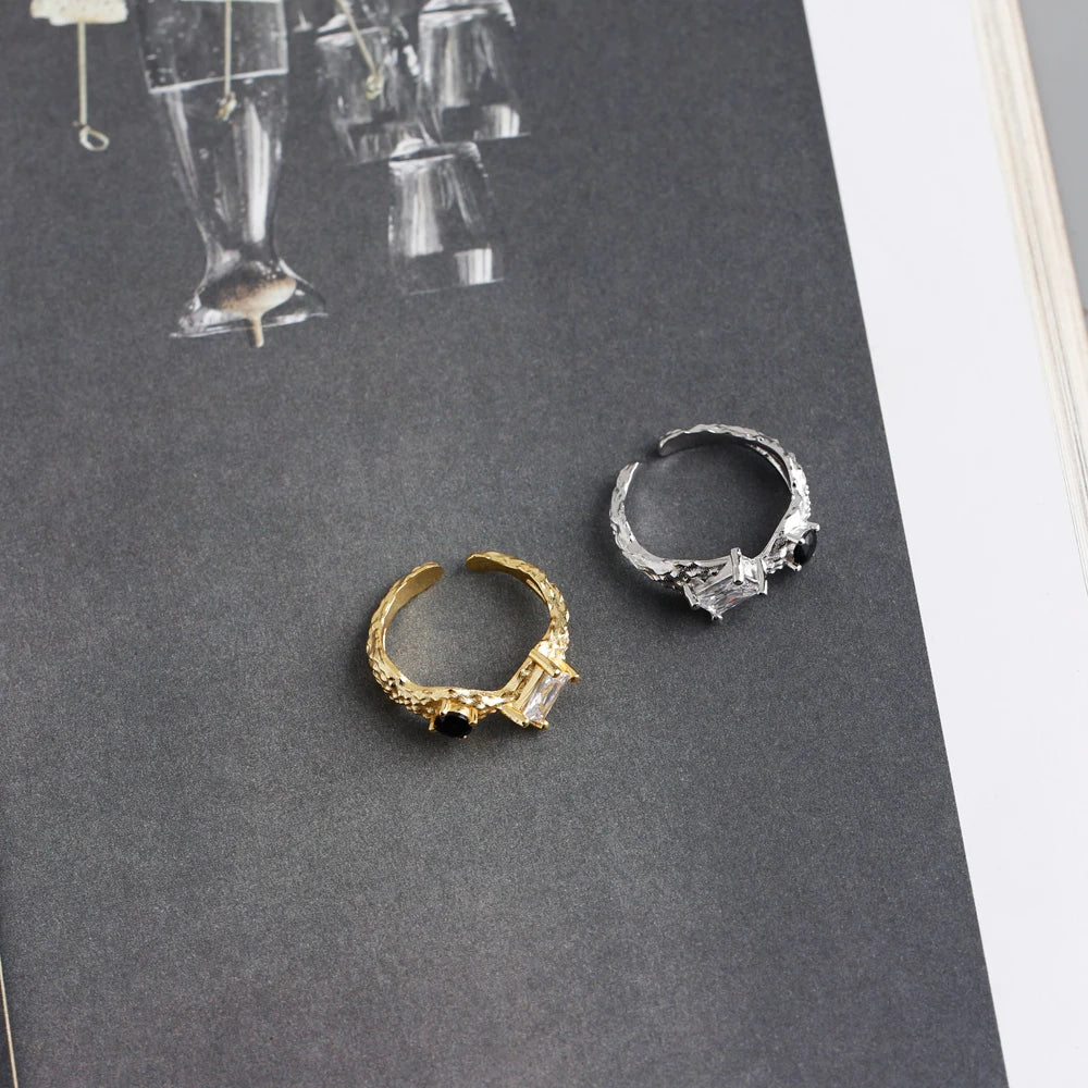 Dual Gem Textured Adjustable Ring – S925 Sterling Silver (Gold / Silver Plating)