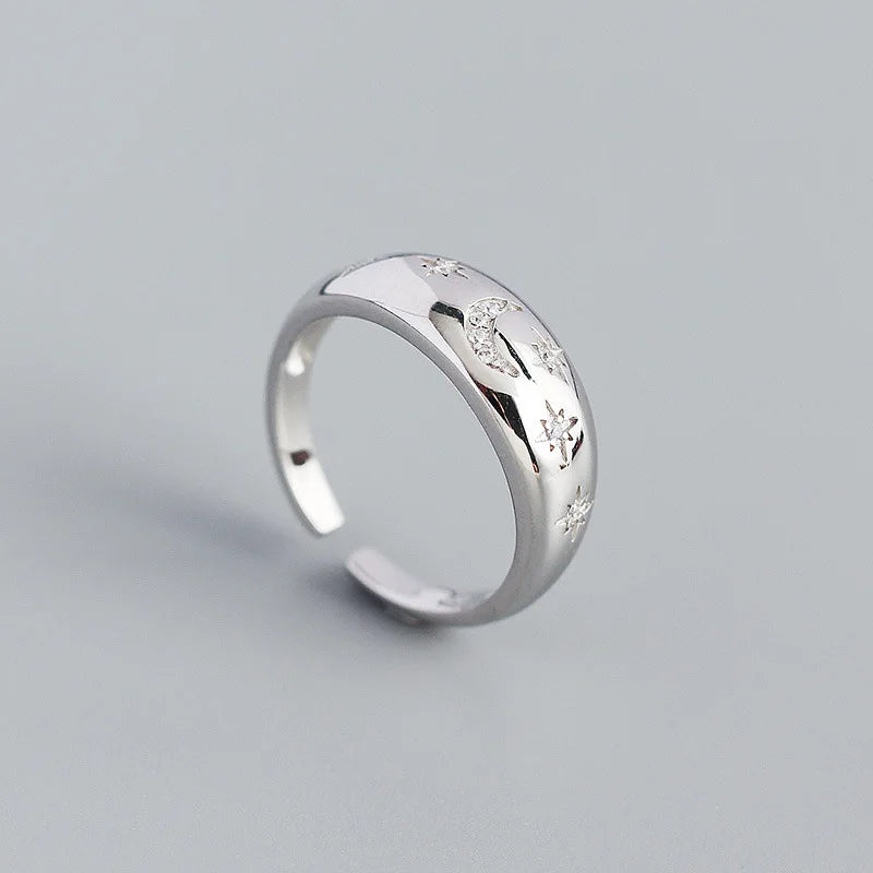 Celestial Moon & Star Dome Ring – S925 Sterling Silver (Gold / Silver Plating)