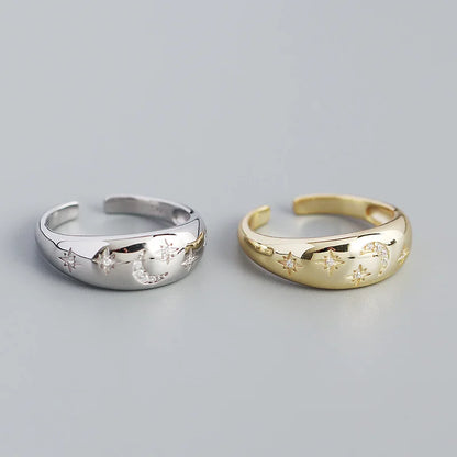 Celestial Moon & Star Dome Ring – S925 Sterling Silver (Gold / Silver Plating)