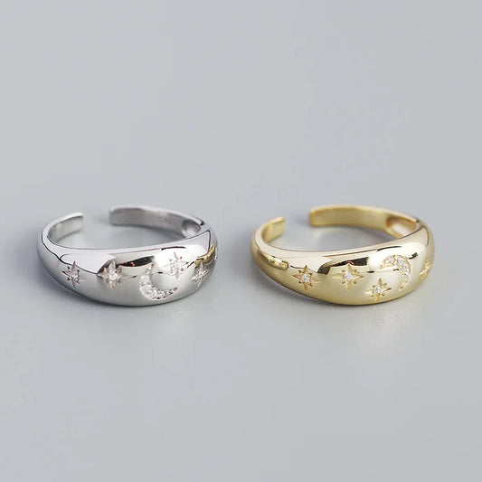 Celestial Moon & Star Dome Ring – S925 Sterling Silver (Gold / Silver Plating)