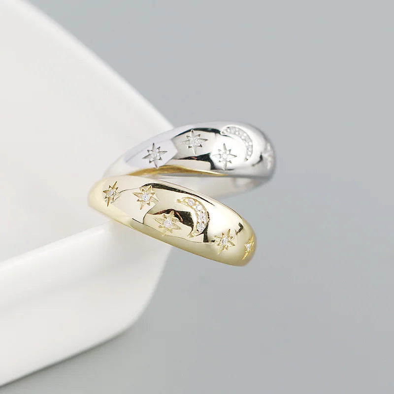 Celestial Moon & Star Dome Ring – S925 Sterling Silver (Gold / Silver Plating)
