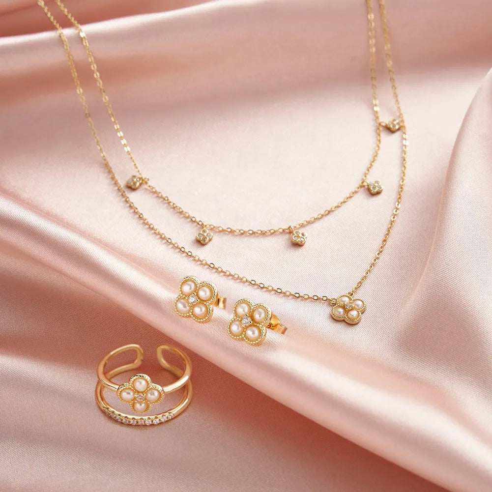 Golden Clover Pearl Jewelry Set – S925 Sterling Silver Necklace, Earrings & Ring (Gold / Silver)