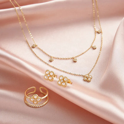 Golden Clover Pearl Jewelry Set – S925 Sterling Silver Necklace, Earrings & Ring (Gold / Silver)
