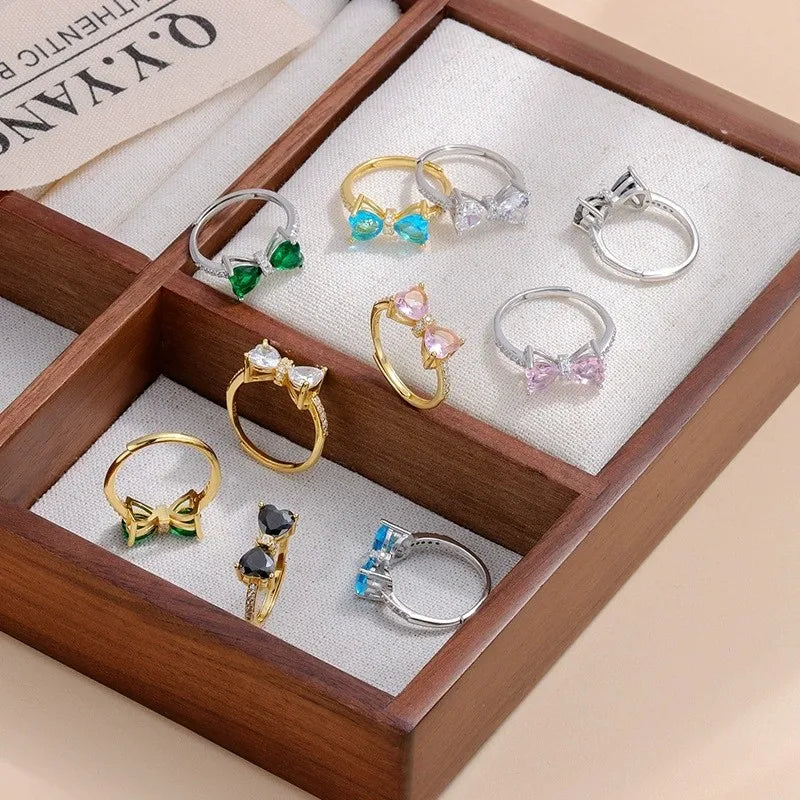 Gemstone Bow Ring Collection – S925 Sterling Silver (Multiple Colors)