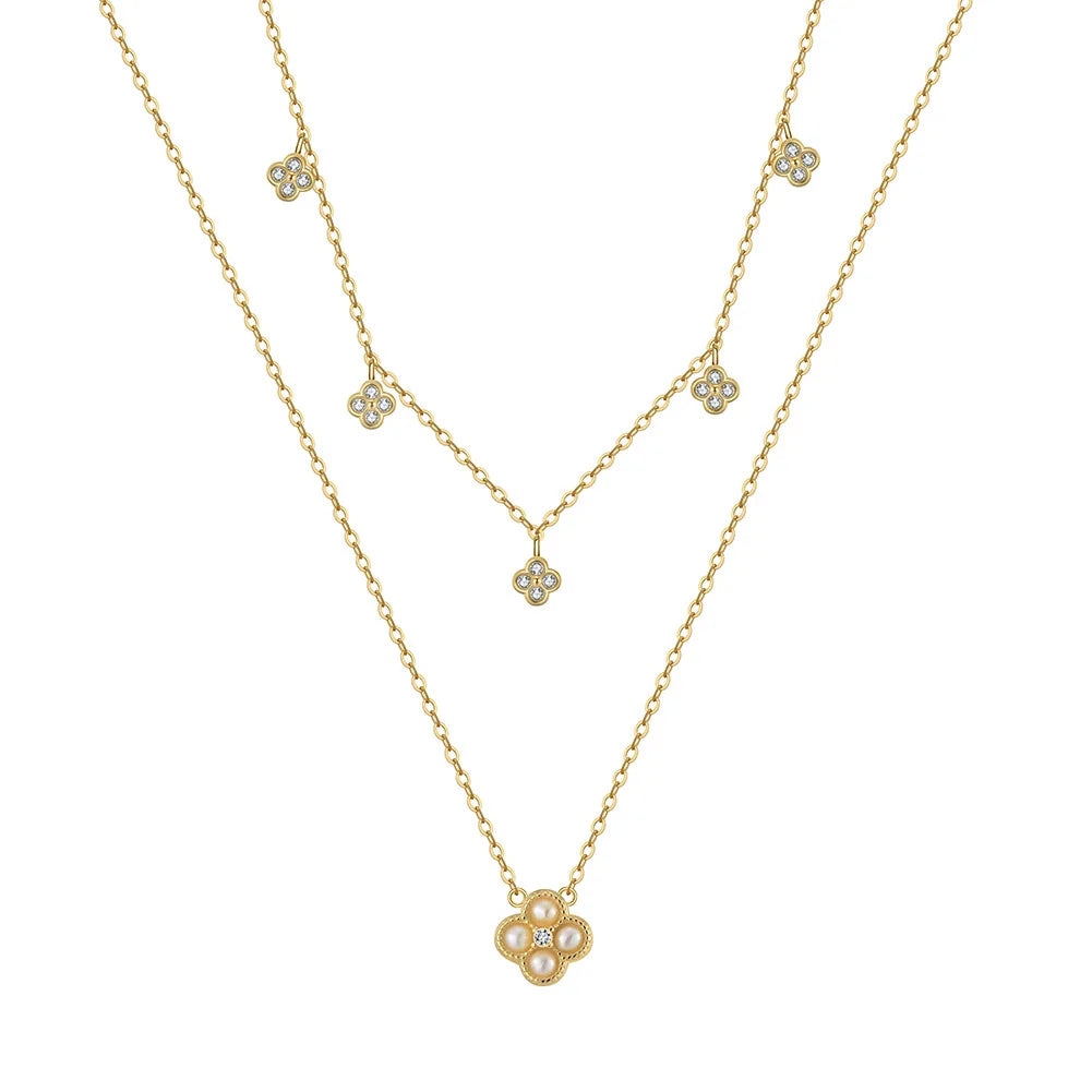 Golden Clover Pearl Jewelry Set – S925 Sterling Silver Necklace, Earrings & Ring (Gold / Silver)