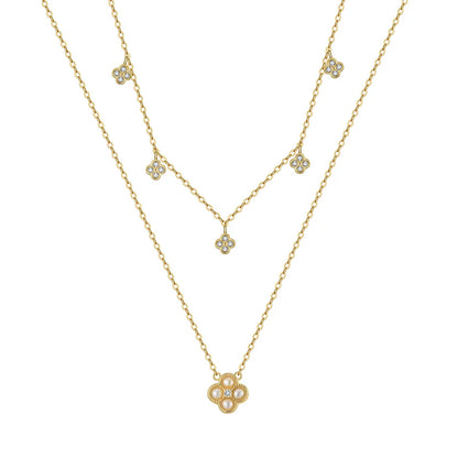 Golden Clover Pearl Jewelry Set – S925 Sterling Silver Necklace, Earrings & Ring (Gold / Silver)