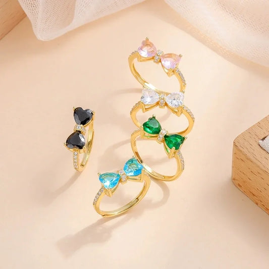 Gemstone Bow Ring Collection – S925 Sterling Silver (Multiple Colors)