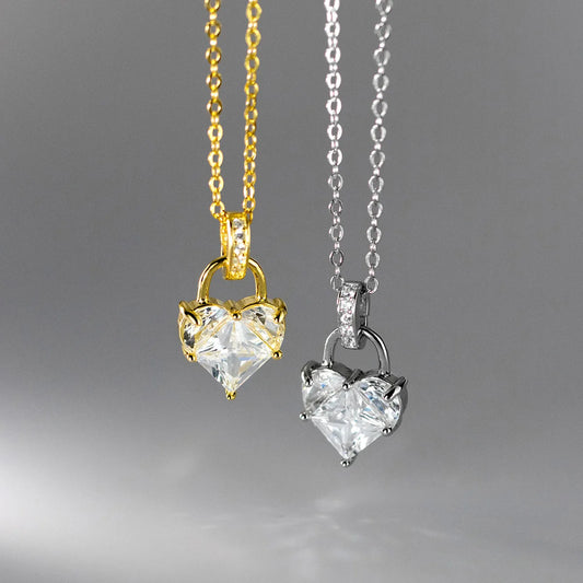 Crystal Heart Lock Necklace – S925 Sterling Silver (Gold / Silver)