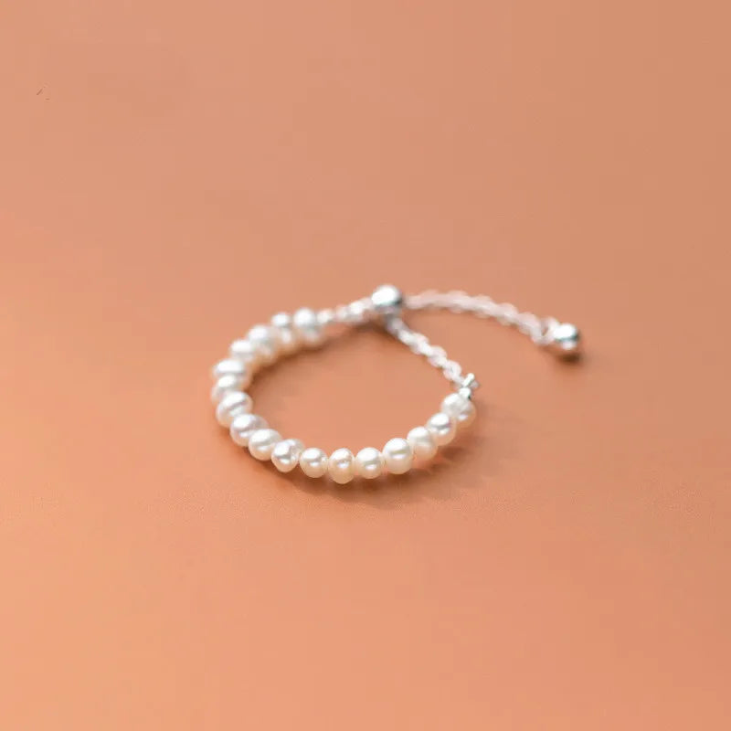 Luna Adjustable Pearl Chain Ring – S925 Sterling Silver (Gold / Silver / Rose Gold)