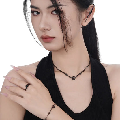 Midnight Ember Jewelry Set – Gothic Black Necklace, Bracelet, Ring & Earring (S925 Sterling Silver)