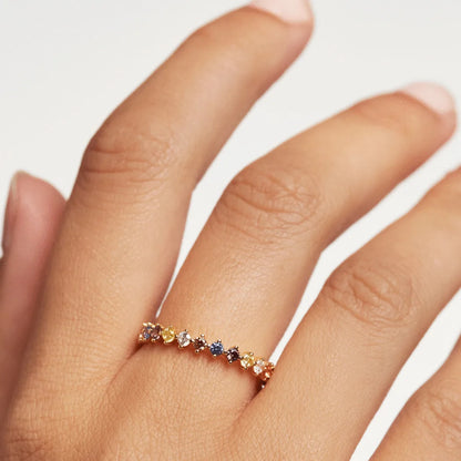 Radiant Spectrum Eternity Ring – S925 Sterling Silver with 18K Gold Plating (Sizes 5–8)