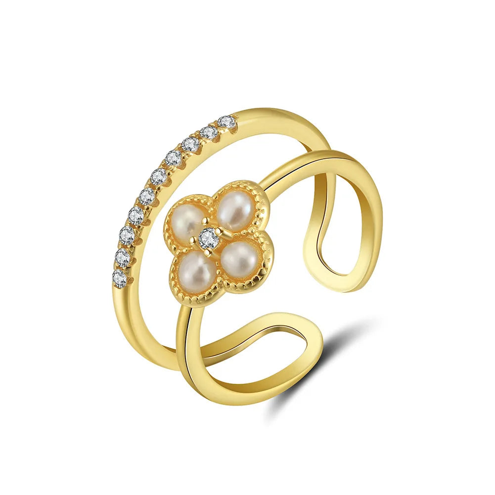 Golden Clover Pearl Jewelry Set – S925 Sterling Silver Necklace, Earrings & Ring (Gold / Silver)