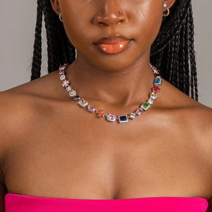 Colored Cross Gemstone Necklace - (Silver / Gold)